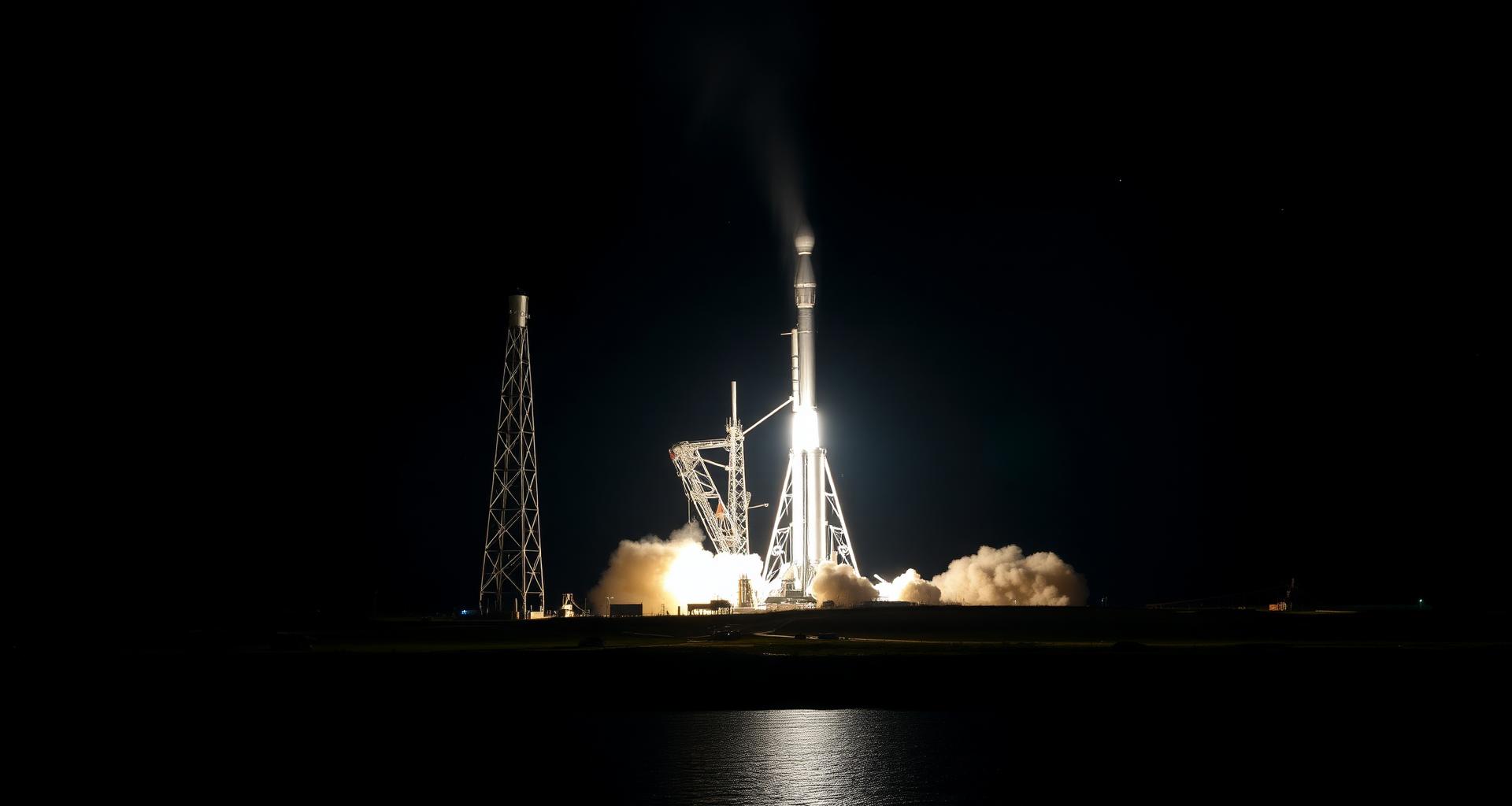 Night launch of a SpaceX rocket lifting off from the pad